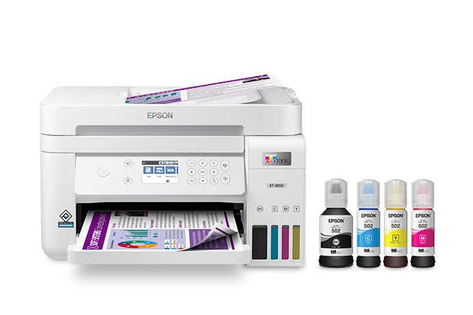 Epson EcoTank ET-3850 printer with refillable ink bottles